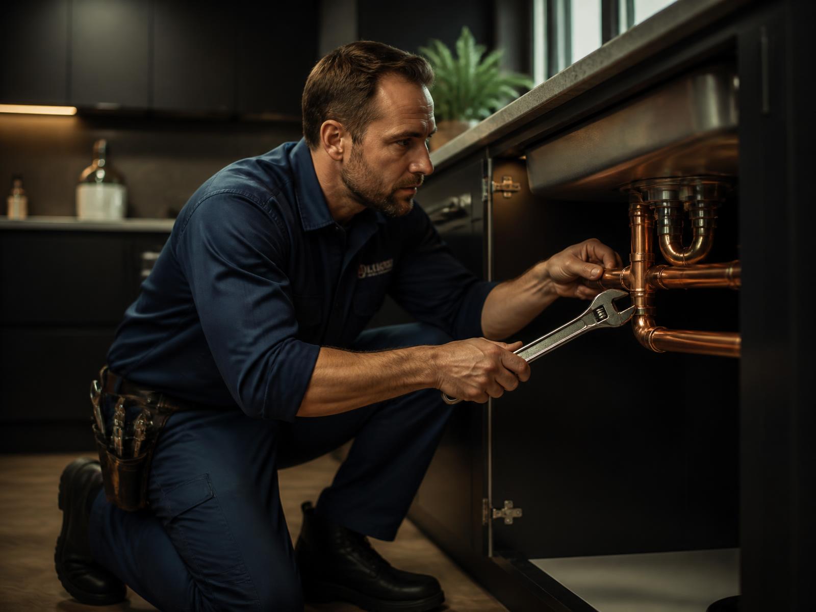 Ibra repairing copper pipes under a kitchen sink